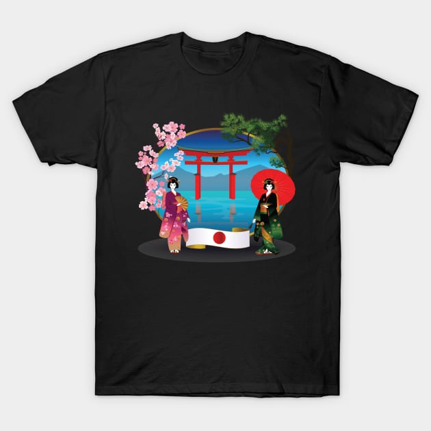 Geishas with Flag of Japan and Sakura T-Shirt by XOZ